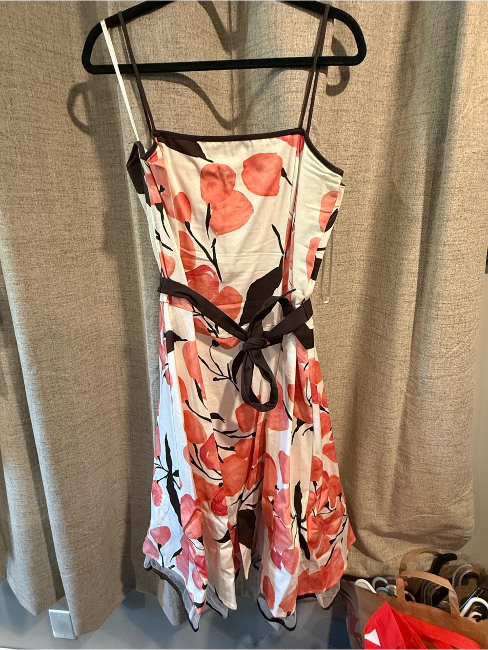 dressbarn Coral and White Floral Midi Sundress with Brown Trim & Tule Under